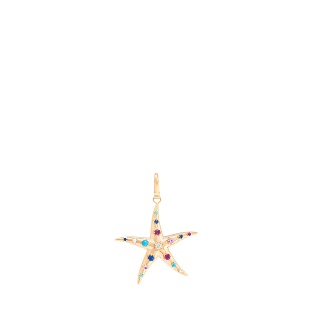 Image 1 of 2 - GOLD - JENNA BLAKE Multicolored Starfish Charm featuring 18k yellow gold, Diamond, Blue Sapphire, Pink Sapphire, Pearl Ruby and Turquoise. Small: 0.18 Carats of Diamonds. 40mm x 40mm.