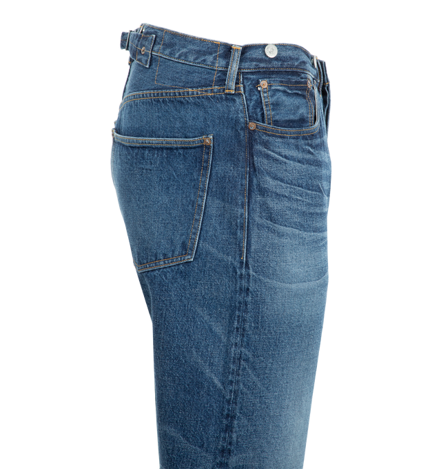 Image 3 of 4 - BLUE - Kaptain Sunshine 1930 Straight Denim Pants are a 5-pocket style with a button fly and a buckle back. 100$ cotton. Made in Japan.
