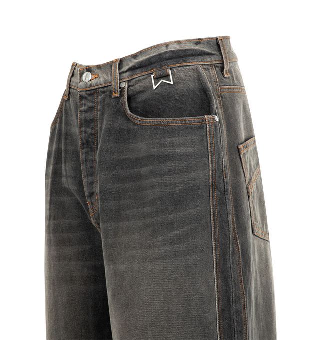Image 4 of 4 - BLACK - RHUDE Traxedo Denim featuring classic wide leg cotton denim jeans, a mid rise, signature traxedo detailing down the leg, custom Rhude Closure button, zip fly, and hardware. 100% cotton.