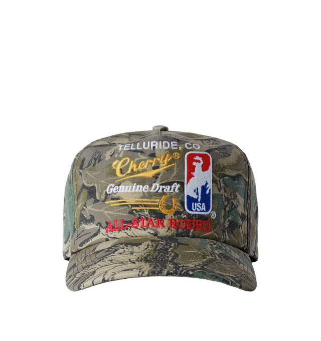 Image 1 of 7 - GREEN - Cherry LA Men's All-Star Rodeo 5 Panel Hat is crafted from cotton and features a classic five-panel silhouette with embroidered detailing at the front and back. Designed with a branded flag tab at the back and an adjustable plastic snap closure, this everyday cap blends Western-inspired graphics with signature Cherry LA styling. Main Material: Cotton.