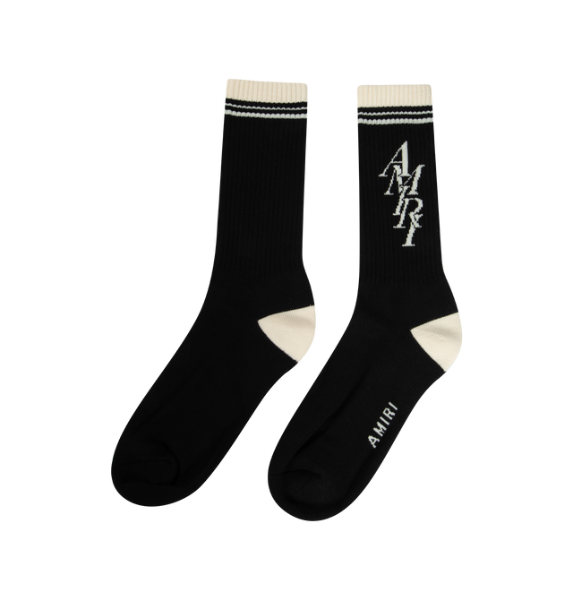 Image 2 of 2 - BLACK - AMIRI Stack Logo Socks featuring logo lettering and comfortable stretch in a blend of cotton. 78% cotton, 20% polyester, 2% elastane. 