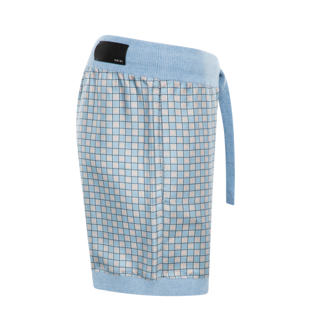 Image 3 of 3 - BLUE - AMIRI Drawstring Waist Combo Shorts featuring pull on, regular fit, mid-rise, elasticated drawstring waistband, two slip pockets at front, brand patch at back, all-over pattern and ribbed trims. 100% wool. 100% silk. Made in Italy. 