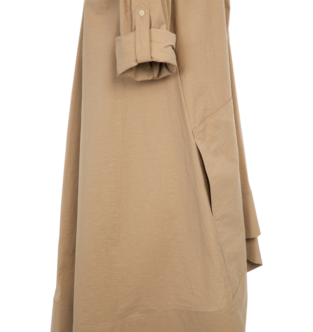 Image 3 of 4 - BROWN - LOEWE PAULA'S IBIZA Tunic Dress featuring lightweight textured cotton poplin, relaxed fit, mid length, trapeze silhouette, classic collar, long sleeves that can be rolled up, v-neck, patch pockets and Anagram ajour embroidery at the front. Cotton/polyamide. Made in Italy. 