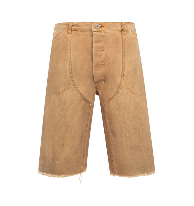 Image 1 of 3 - BROWN - GALLERY DEPT. Branko Carpenter Shorts featuring relaxed carpenter short, distressed detailing throughout., debossed tan leather GALLERY DEPT. jacron on the back waistband, worn-in look and reinforced rip and repair details. 100% cotton. Made in USA.