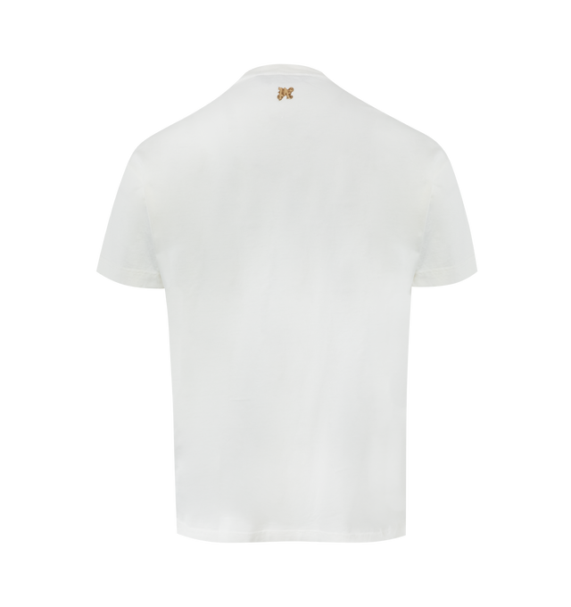 Image 2 of 2 - WHITE - PALM ANGELS Foggy PA Tee featuring short sleeves, crewneck, graphic logo on front and metal monogram patch on back. 100% cotton.  