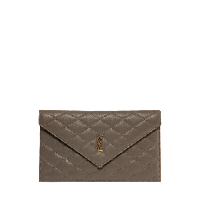 Image 1 of 3 - BROWN - Saint Laurent Womens Envelope Pouch is crafted from lambskin leather. Features the signature CASSANDRE logo, diamond-quilted topstitching, snap-button closure, cotton lining, and bronze-tone hardware. Dimensions: 27 16 1 cm. Main Material: Lambskin Leather; Hardware: Brass; Lining: Cotton. Made in Italy.