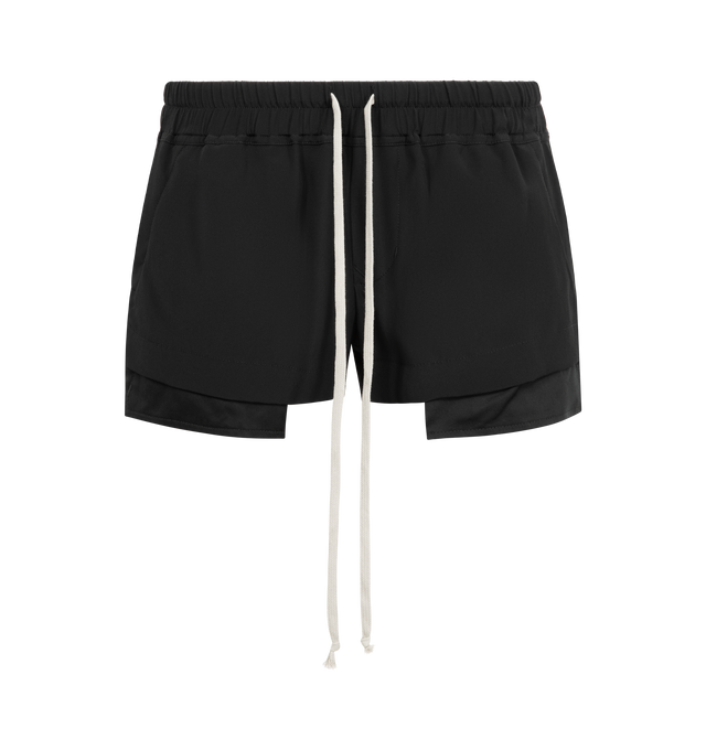 Image 1 of 3 - BLACK - RICK OWENS Fog Boxers Shorts featuring drawstring at elasticized waistband, two-pocket styling, mock fly, exposed pocket lining at cuffs and vented outseams. 74% organic cotton, 26% linen. Made in Italy.