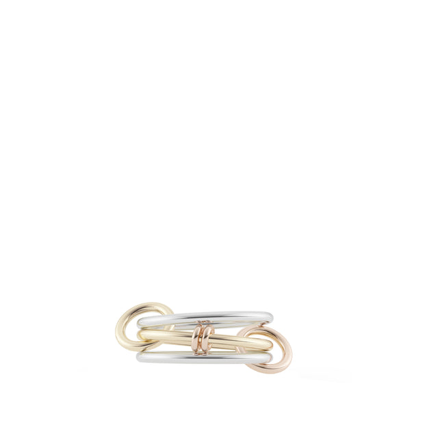 Image 1 of 1 - MULTI - SPINELLI KILCOLLIN Acacia MX Ring featuring three-link ring. Two outer links are sterling silver, while the center link is 18k yellow gold. Two rose gold annulets can be found on the center link. Lastly, there is one yellow gold connector, and one rose gold connector. For personal consultation and detailed information about jewelry, please contact our dedicated stylist team at personalshopping@hirshleifers.com.