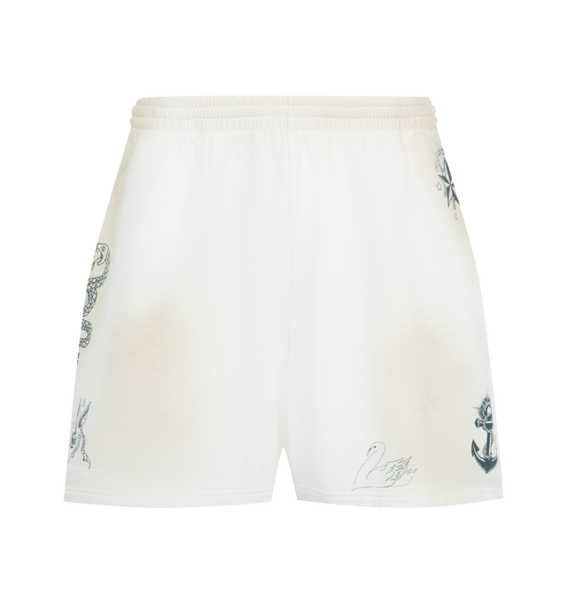 Image 1 of 4 - WHITE - BALENCIAGA Shorts featuring dry fleece, elasticated waistband, 2 slash pockets, distressed and printed graphics throughout. 100% cotton. Made in Portugal.