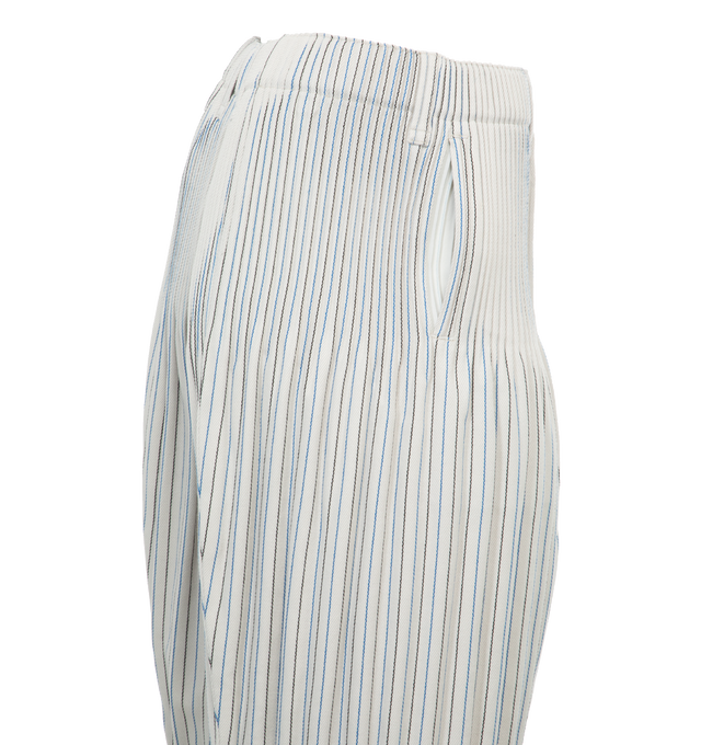 Image 3 of 4 - WHITE - ISSEY MIYAKE TWEED PLEATS PANTS featuring a slim, tapered leg, full-length hem, center seam detail, elastic waistband and two pockets. 100% polyester. 