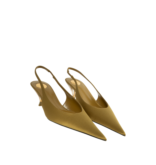 Image 2 of 4 - GOLD - Saint Laurent Women's Fanny Slingback Pumps are crafted from certified viscose and certified silk and feature a translucent silhouette with a pointed cap toe and a Plexiglas kitten heel embedded with the signature bronze-tone CASSANDRE. Designed with an elasticized slingback strap, the elegant pair is finished with a leather sole and a round Saint Laurent-engraved metal plaque at the insole. Main Material: Certified Viscose, Certified Silk. Sole: Leather. Closure: Elasticized Slingback
