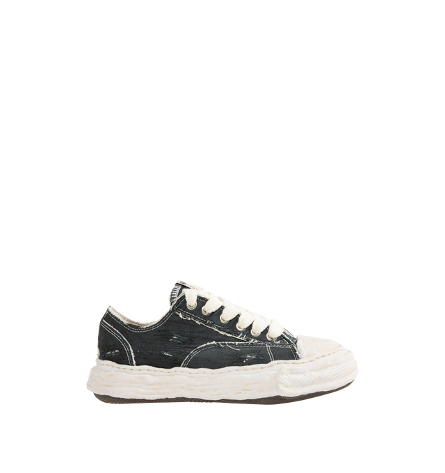 Image 1 of 5 - BLACK - Maison Mihara Yasuhiro Men's Peterson23 Sneakers feature the brand's signature hand-sculpted OG sole, a ripped overdye canvas upper, and a relaxed low-top silhouette for a bold contemporary look. Designed for the Spring/Summer 2026 collection, these designer sneakers combine Maison Mihara Yasuhiro's experimental aesthetic with a wider fit, layered overdye finish, distressed detailing, and a three-dimensional rubber toe cap that echoes the sculptural sole. Intentional fading and distre