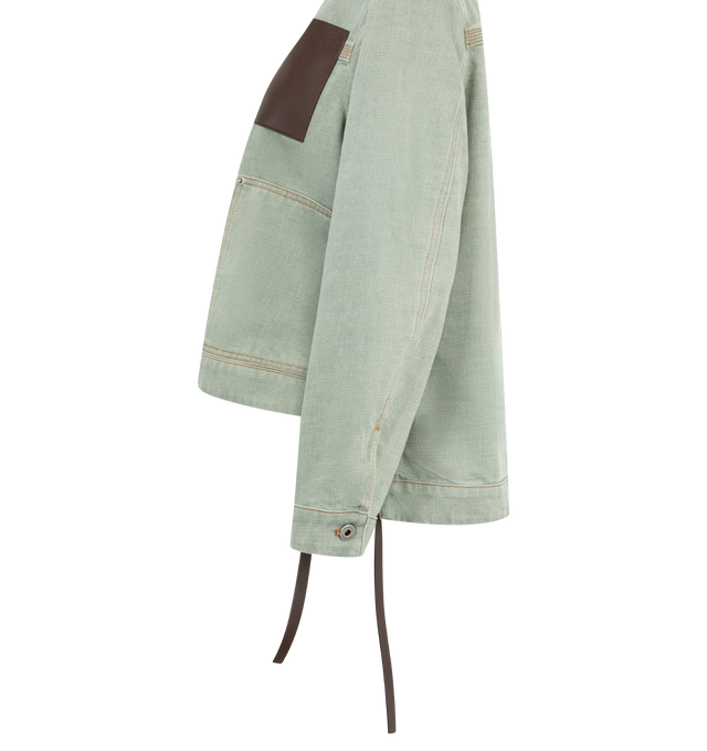 Image 3 of 4 - GREEN - Loewe Women's Workwear Jacket in medium-weight washed cotton denim featuring an asymmetric front to back hem with ties at the sides. Regular fit, regular length with classic collar, button front fastening, buttoned cuffs, patch pockets, signature four-row topstitching and embossed LOEWE Anagram placed on the chest pocket. Made in Italy.