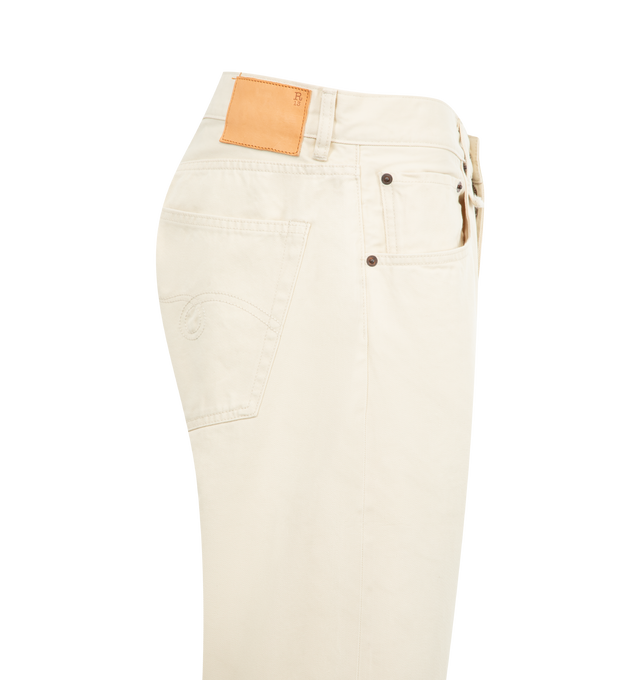 Image 3 of 3 - WHITE - R13 Cuffed X-BF Jeans featuring wide-leg non-stretch denim, fading, whiskering, and subtle distressing throughout, belt loops, five-pocket styling, zip-fly, folled cuffs and leather logo patch at back waistband. 92% cotton, 8% elastomultiester.