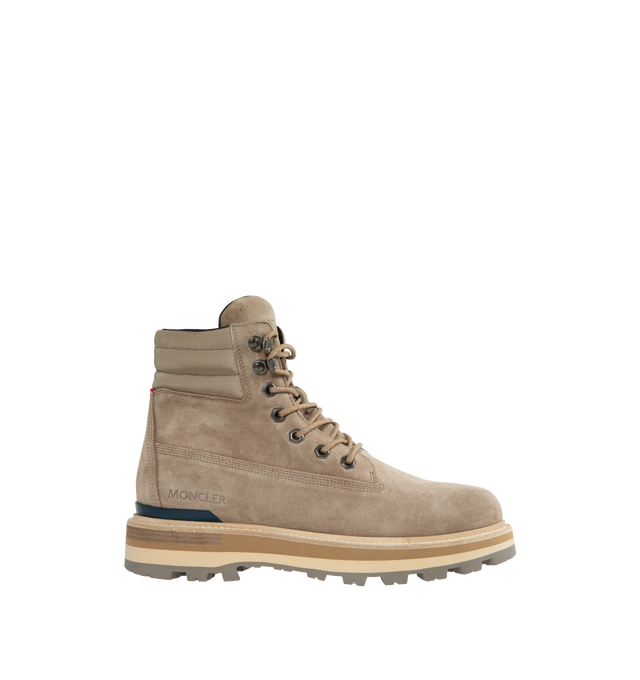 Image 1 of 4 - NEUTRAL - MONCLER Peka Trek Boots featuring suede and nylon upper, leather lining insole, lace closure, leather welt, micro rubber midsole and vibram rubber tread. Sole height 5.5 cm. 100% polyamide/nylon. Lining: cow. Sole: 100% elastodiene. 