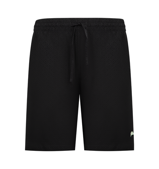 Image 1 of 3 - BLACK - CASABLANCA Volcano Silk Shorts featuring the season's artwork of a volcano looming dramatically behind half-silhouetted palm trees, elasticised waistband, drawstring fastening, in-seam side pockets, a back patch pocket and a relaxed silhouette. 100% silk. Made in Italy.
