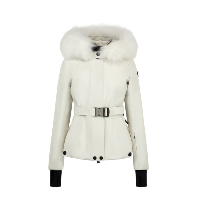 Image 1 of 1 - WHITE - Moncler Grenoble Women's Laplance Ski Jacket is crafted from two-layer GORE-TEX fabric and features a fitted silhouette with a detachable waist belt, a down-filled construction, and an adjustable hood trimmed with removable long-haired sheepskin. Designed for skiing and snowboarding, this high-performance jacket is engineered with heat-sealed seams, water-repellent YKK AquaGuard NATULON zip closures, stretch jersey wrist gaiters, and an integrated RECCO reflector for enhanced mountain