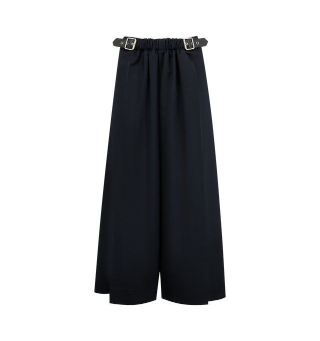 Image 1 of 4 - NAVY - LOEWE Cropped Belted Trousers in lightweight fluid wool tailoring featuring a gathered front with a leather belt detail, regular fit, cropped length, mid waist, loose leg, side zip fastening, seam pockets, buttoned rear jet pocket, pressed creases at the front and LOEWE embossed leather patch placed at the back. Wool. Made in Italy.
