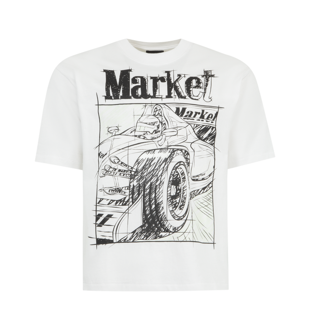 Image 1 of 2 - WHITE - MARKET Scribbled Formula UV Graphic T-Shirt featuring crewneck, short sleeves, boxy fit and graphic on front. 100% cotton.