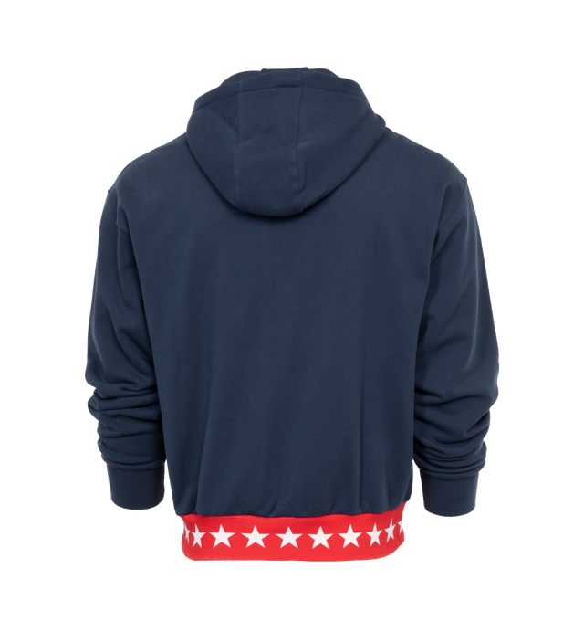 Image 2 of 3 - NAVY - GIVENCHY BOXY FIT HOODIE WITH POCKET BASE featuring drawstring at hood, logo printed at chest, kangaroo pocket, rib knit hem and cuffs and star graphic at hem. 100% cotton. Made in Portugal. 