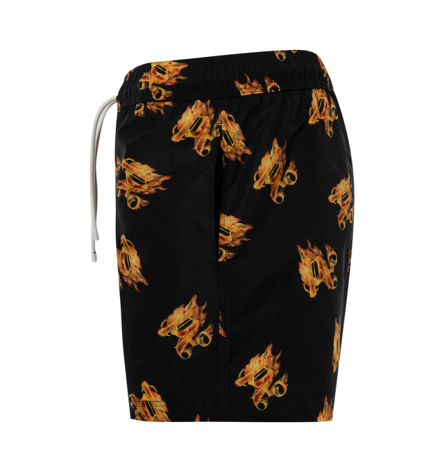 Image 3 of 3 - BLACK - PALM ANGELS Burning PA Swimming Shorts featuring all-over graphic print, elasticated drawstring waistband, two side slit pockets and rear flap pocket. 100% polyester. 