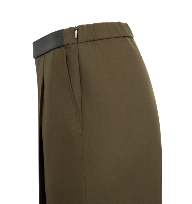 Image 3 of 3 - GREEN - LOEWE Trousers in lightweight fluid wool tailoring featuring a LOEWE-embossed leather waistband at the front, regular fit, regular length, mid waist, straight leg, mock fly, slash pockets, rear welt pocket and pressed creases at the front and back. Wool. Made in Italy.