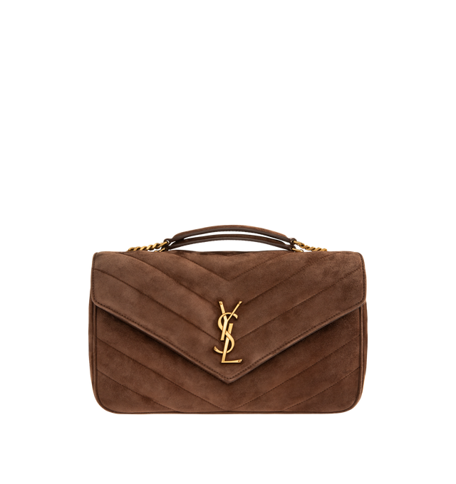 Image 1 of 4 - BROWN - SAINT LAURENT Loulou Medium Bag featuring chain bag in suede with iconic chevron-quilted topstitching, a removable leather pouch and pocket mirror, a sliding chain strap, cotton lining, bronze-tone hardware, magnetic snap closure and one flat pocket. 11.4" x 6.7" x 3.1". Calfskin. Made in Italy.