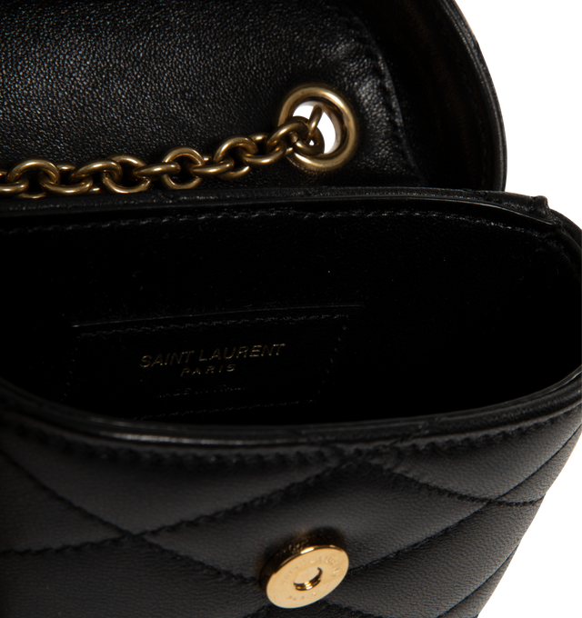 Image 3 of 3 - BLACK - SAINT LAURENT June Micro Box featuring a leather and chain strap for shoulder or crossbody carry, bronze-toned hardware, magnetic flap closure and diamond-quilted overstitching. 4.1" x 3.1" x 2". Strap drop: 21.3". Lambskin. Made in Italy.
