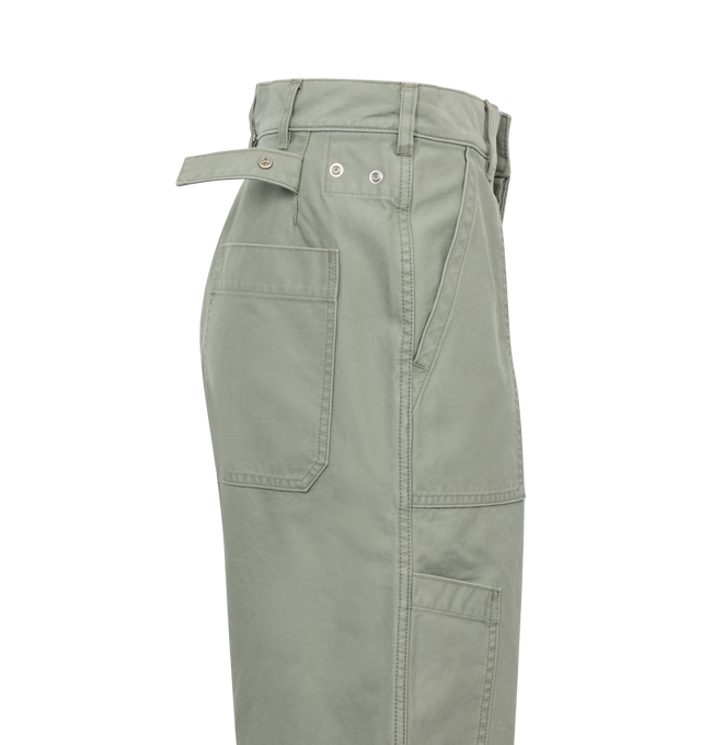 Image 3 of 3 - GREEN - Chimala US Airforce inspired cargo pants featuring six pockets design, front button fastening, adjustable buttoned tabs on the waist and straight, slightly oversize fit. Handmade in Japan. 