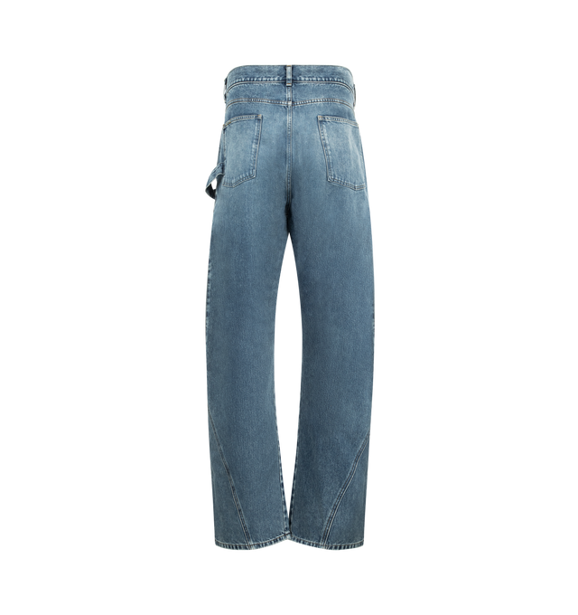 Image 2 of 3 - BLUE - JW ANDERSON Twisted Workwear Jeans featuring a workwear silhouette, diagonal seams at the legs, a patch pocket at the side, belt loops, side patch pocket, back patch pocket and zip fly with button closure. 100% cotton. Made in Italy.