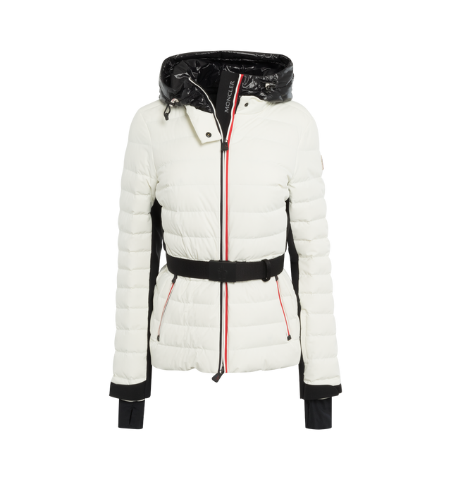 Image 1 of 3 - WHITE - MONCLER GRENOBLE BRUCHE JACKET featuring stretch nylon lining, down-filled, hood with drawstring fastening in contrasting color and nylon laqu hood lining, tri-colored zipper edgings, YKK AquaGuard Highly Water Resistant zipper closure, detachable and adjustable belt with a side-release buckle, exterior pockets with YKK AquaGuard Highly Water Resistant zipper closure, interior media pocket, interior powder skirt, stretch jersey wrist gaiters and ski pass pocket. 84% polyamide/nylon, 1 