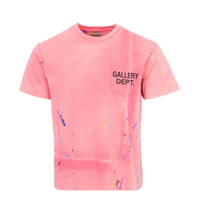Image 1 of 2 - PINK - GALLERY DEPT. Vintage Logo Painted Tee featuring boxy fit with understated ribbed accents at the neckline and cuffs, faded screen-printed logo on both front and back along with paint splatter. 100% cotton. 