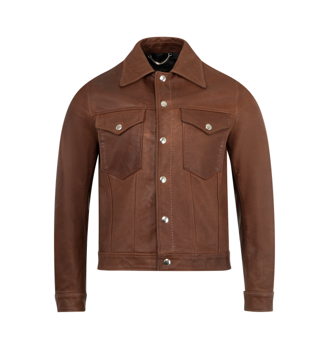 Image 1 of 2 - BROWN - SECOND LAYER Suede Trucker Jacket featuring snap button front closure, front chest pockets with button snaps, button snap cuffs and relaxed fit. 100% suede.