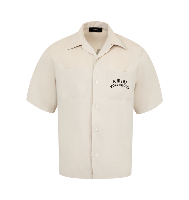 Image 1 of 2 - WHITE - AMIRI Hollywood Bowling Shirt featuring modal-blend sateen, open spread collar, button closure, patch pockets at chest and logo bonded at front and back. 87% modal, 13% polyester. Made in Italy.