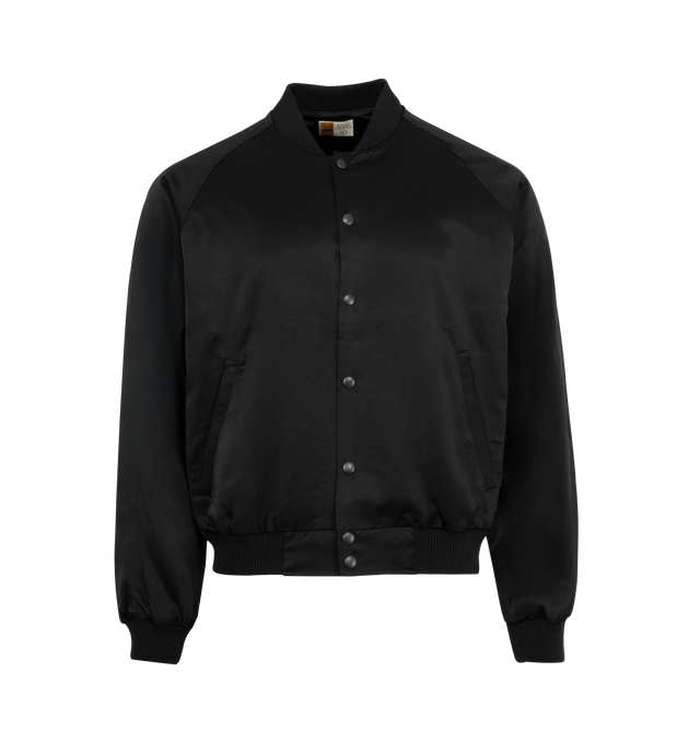 Image 1 of 2 - BLACK - SAINT MICHAEL Love Song Satin Jacket featuring snap button closure, ribbed cuffs and collar, slit pockets and emboidered graphic on back. 60% rayon, 40% cotton.