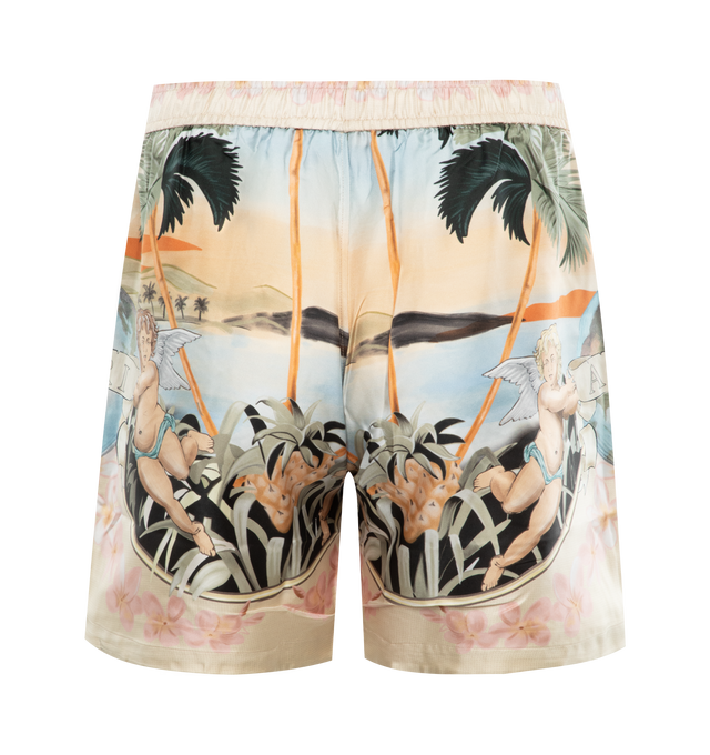 Image 2 of 3 - MULTI - AMIRI Cherub Silk Drawstring Shorts featuring cherub graphic print, regular rise, elasticized drawstring waist, side pockets and relaxed legs. 100% silk. Made in Italy. 
