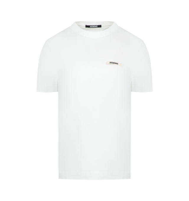 Image 1 of 2 - WHITE - JACQUEMUS Gros Grain Short-Sleeve T-Shirt featuring fitted shape, stretch cotton, ribbed crew neck, short sleeves, embroidered grosgrain logo on chest and above the hip length. 100% cotton. Made in Portugal.