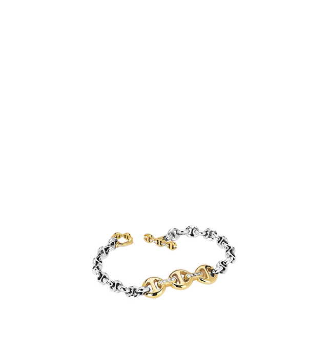 Image 1 of 1 - GOLD - HOORSENBUHS ID Bracelet Sterling Silver with 18K Gold featuring sterling silver 5MM Open-Link chain, solid 18K gold tri-link ID centerpiece, diamond bridge accents and 18K gold loop and toggle closure. Hirshleifers offers a range of initial pieces from this collection in-store. For personal consultation and detailed information about jewelry, please contact our dedicated stylist team at personalshopping@hirshleifers.com. This item may be restricted for online purchase to international