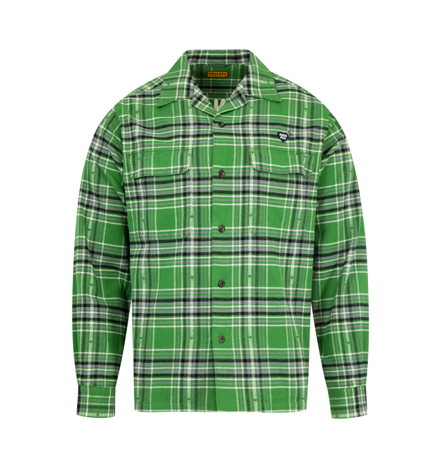 Image 1 of 2 - GREEN - HUMAN MADE Flannel Check Shirt featuring open-collar flannel shirt with a regular fit, check pattern expressed in jacquard weave, lines with interwoven heart motifs, embroidered brand logo on the back and heart logo patch on the left chest. 100% cotton.