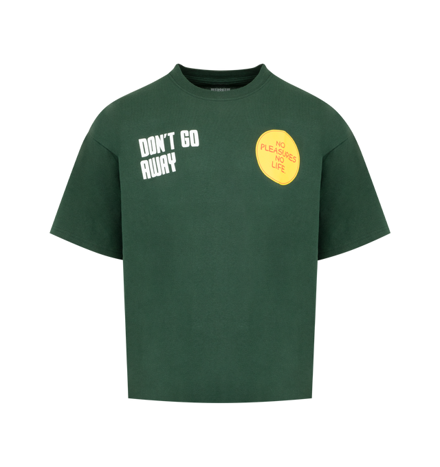 Image 1 of 2 - GREEN - PLEASURES Don't Go T-Shirt featuring crew neck, short sleeves, dropped shoulders and graphics on front and back. 100% cotton.