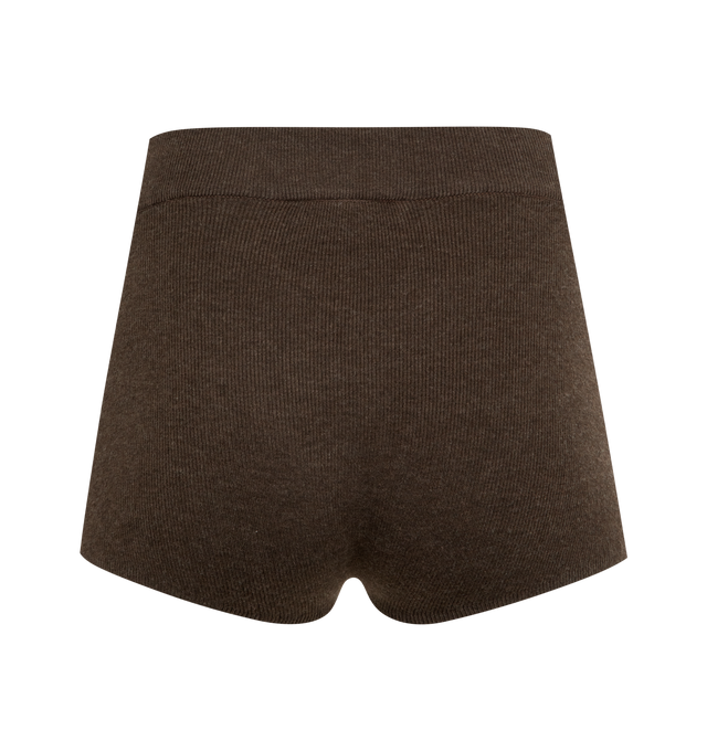 Image 2 of 3 - BROWN - FEAR OF GOD ESSENTIALS Rib Boy Short featuring a poly-nylon rib knit, a cropped silhouette and rib-knit elastic waistband with the new Fear of God rubberized label. 88% polyester, 12% nylon rib knit.