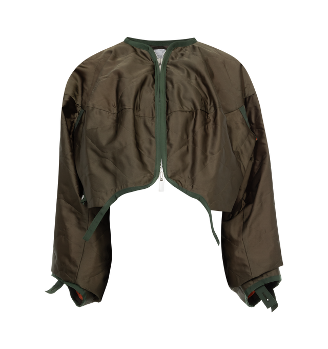 Image 1 of 3 - GREEN - SACAI Satin Quilted Blouson featuring cropped fit, zipper front closure, snap buttons at sleeve and hem and side pockets.  