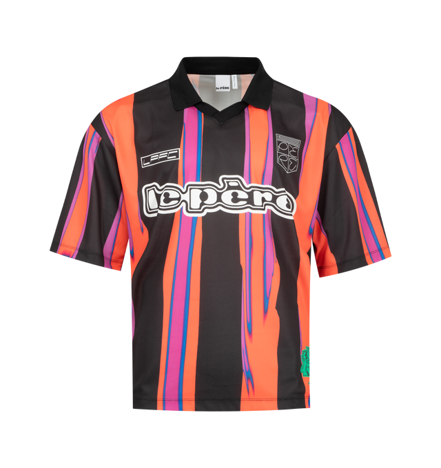 Image 1 of 3 - MULTI - LE PERE FC Amado Kit Shirt featuring oversized fit, football style, boxy shape, dropped shoulders, exaggerated silhouette contrasted with a cropped length, contrast ribbed collar and short sleeves. 100% polyester.