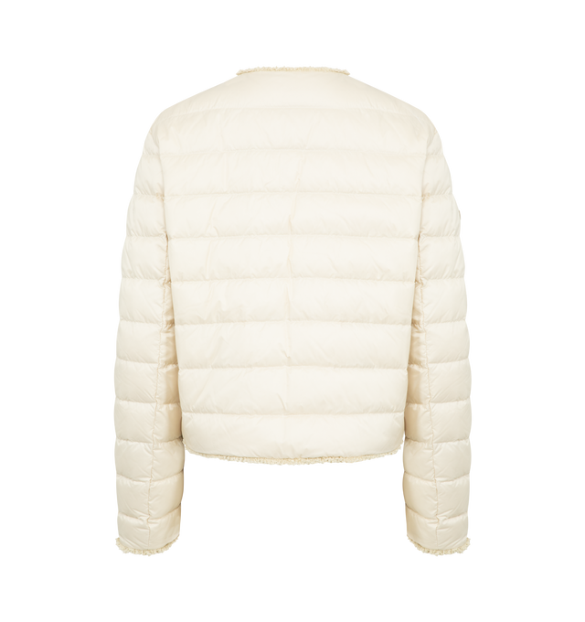 Image 2 of 3 - WHITE - MONCLER Fleurs Boucl-Trimmed Short Down Jacket featuring water-repellent main fabric, longue saison lining, boucl trim, down-filled, snap button closure, pockets with button closure and leather logo patch. 100% polyamide/nylon. Padding: 90% down, 10% feather.