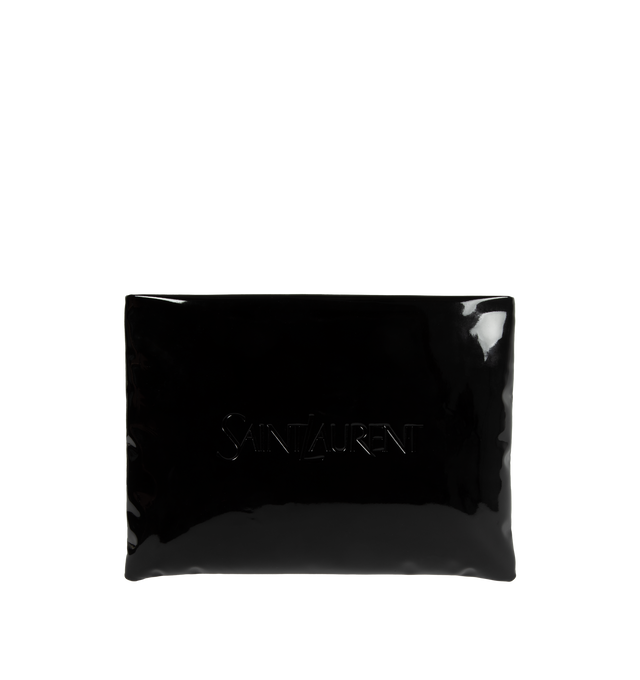 Image 1 of 3 - BLACK - SAINT LAURENT Large Puffy Pouch in patent canvas featuring embossed logo, zip closure, two flat pockets, eight card slots and canvas lining. 70% polyurethane, 30% polyester.  