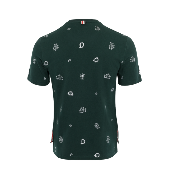 Image 2 of 3 - GREEN - THOM BROWNE short sleeve straight cut T-shirt with allover paisley embroidered pattern. 100% Cotton. Made in Italy. 