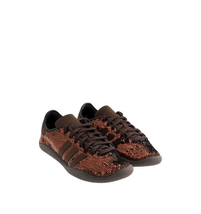 Image 2 of 5 - BROWN - ADIDAS X WALES Karintha Sequin Sneakers featuring sequin weave upper, satin trim, removable insole, textile lining, lace-up closure, round toe and rubber sole.