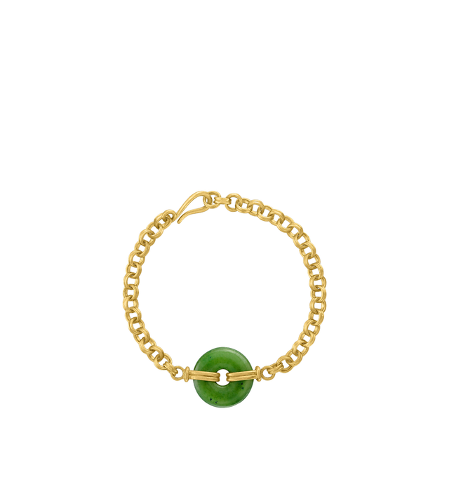 Image 1 of 2 - GOLD - Prounis Discus Double Link Chain Bracelet is handcrafted in New York and features a one-of-a-kind moss green jade disc accented by 22K yellow gold double links. Designed to fit a standard 7" wrist, each bracelet showcases a naturally unique jade stone with distinctive color and striation. For personal consultation and detailed information about jewelry, please contact our dedicated stylist team at personalshopping@hirshleifers.com.This item may be restricted for online purchase to int