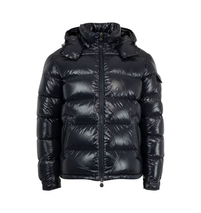 Image 2 of 4 - NAVY - MONCLER Maya Jacket featuring nylon laqu lining, down-filled with boudin quilting, detachable hood with snap buttons, adjustable with drawstring fastening, two-way zipper closure, zipped pockets, adjustable, elasticized cuffs with snap buttons, hem with drawstring fastening, flap patch pocket on sleeve and felt Moncler logo on sleeve. 100% polyamide/nylon. Padding: 90% down, 10% feather.