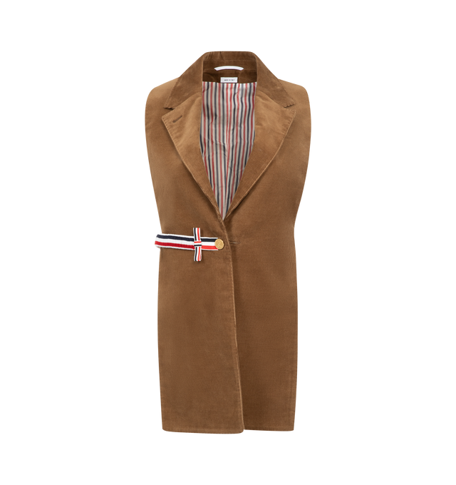 Image 5 of 5 - BROWN - THOM BROWNE Check Cheviot Tweed Sportcoat featuring narrow shoulders, double-layered construction, front button closure with striped grosgrain bow, 4-bar detailing, 2 front flap pockets, single chest pocket, buttoned cuffs with signature striped grosgrain trim, interior pocket with name tag, removable sleeves, reversible and signature striped grosgrain loop tab. 100% wool. 100% cotton. Lining: 100% cupro. Made in Italy.